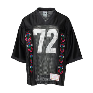 Black mesh jersey T-shirt with large '72' front graphic and multicolor floral trim