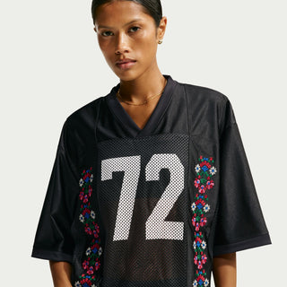 Black mesh jersey T-shirt with large '72' front graphic and floral stripe panels