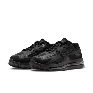 Black women’s running sneakers with double Nike Swoosh overlays and Air Max heel