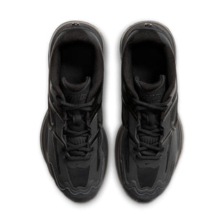 Black lace-up sneakers, view of toe and tongue with Nike branding on the upper