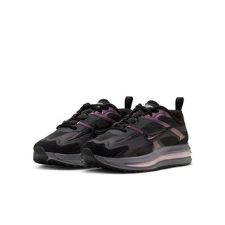 Youth Air Max 26 sneakers pair, black upper with purple overlays and light-mist sole