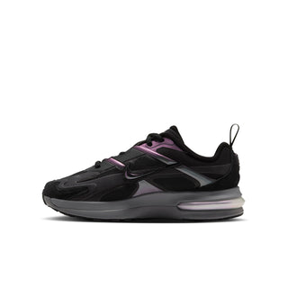 Youth Air Max 26 sneakers side view, black with purple center panel and mist sole