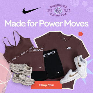 Nike athletic wear set with 'Made for Power Moves' text on a purple background