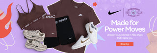 Nike athletic wear including t-shirt, tank top, and sneakers on a purple background with Nike branding.