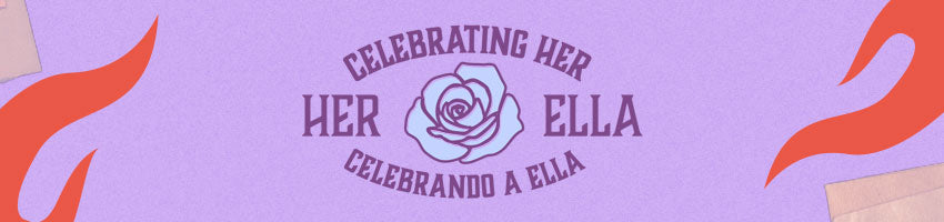 Decorative banner with 'Her Ella' branding and abstract designs on a purple background