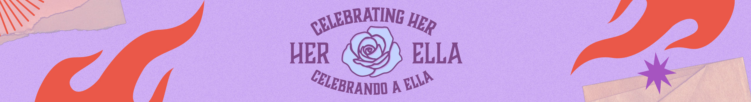 Decorative banner with 'Her Ella' branding and abstract designs on a purple background