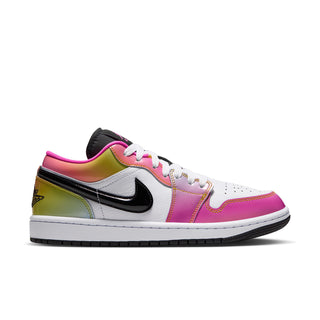 AJ 1 Low women's sneaker in white with pink and iridescent panels, black Swoosh and sole