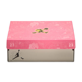 AJ 1 Low shoe box with a pink illustrated lid and Jumpman logo