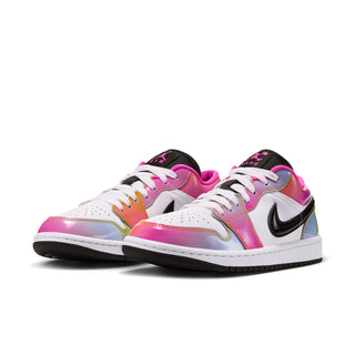 Pair of AJ 1 Low women's sneakers with white laces, pink iridescent panels and black Swooshes