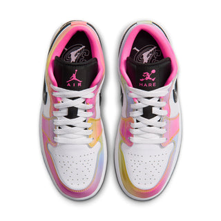 Pair of AJ 1 Low sneakers, top view showing perforated toes, white laces and pink lining