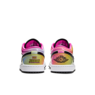 Pair of AJ 1 Low sneakers, rear view with iridescent heel panels and Air Jordan logos