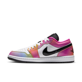 AJ 1 Low women's sneaker side view with white leather, black Swoosh and colorful panels