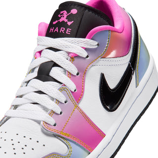 AJ 1 Low sneaker close-up showing black Swoosh, pink panels, white laces and Hare tongue logo