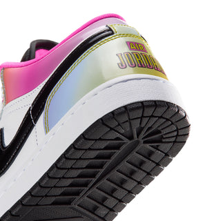 AJ 1 Low sneaker close-up of iridescent heel, Air Jordan branding and black tread