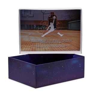 Shoe box with open lid showing illustrated Jumpman graphic and text