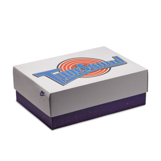 Shoe box with graphic logo and multicolor text design