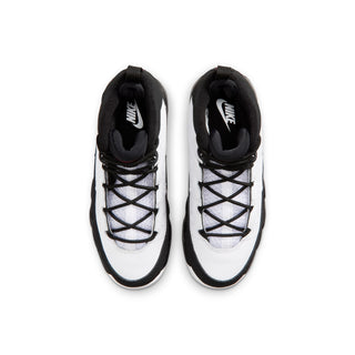 Kids high-top sneakers pair, white uppers with black laces and black edge trim.