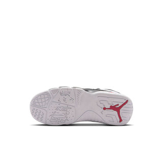 Kids high-top sneaker outsole view, textured gray rubber with red Jumpman graphic.
