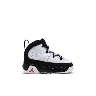 Toddler high-top sneakers, white with black panels and red accents, lace-up.