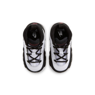 Toddler high-top sneakers, white upper with black laces and padded dark interior lining.