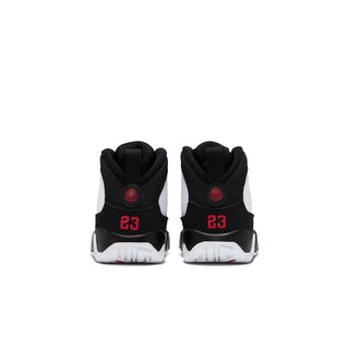 Toddler high-top sneakers, black heel with '23' print, white toe and collar.