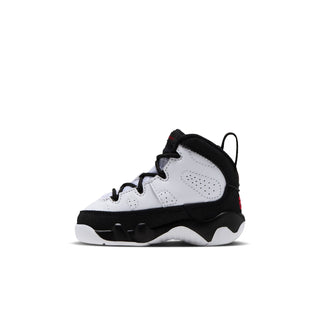 Toddler high-top sneakers, white and black colorblock with red logo on side, lace-up.
