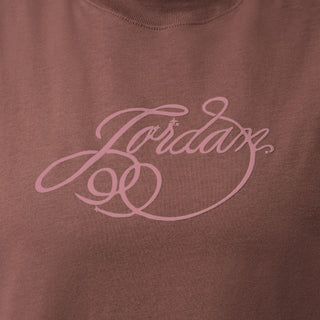 "Friday" light pink script graphic on brown oversized tee