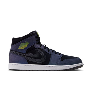 Mid-top sneakers with dark navy upper, black swoosh, neon green accents, white sole