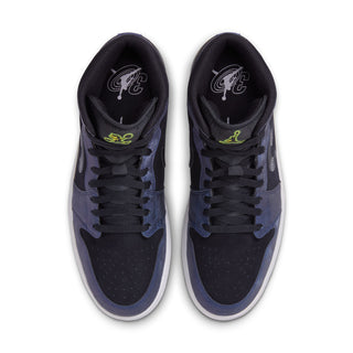 Navy mid-top sneakers with black interior lining and lace-up front, neon green accents