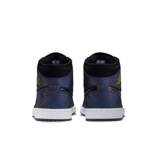 Back view of navy mid-top sneakers with black collar and white outsole, neon green hits