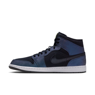 Side view of navy mid-top sneakers with black swoosh and white midsole, neon green details
