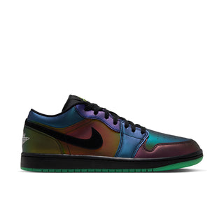 AJ 1 Low men's sneakers in black, teal, purple, and green with black swoosh