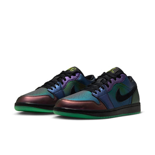 AJ 1 Low men's sneakers, side-by-side view, multicolor upper with green outsole