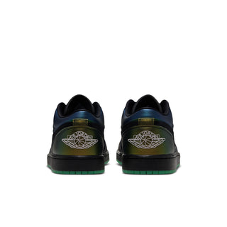 AJ 1 Low men's sneakers heel view with black overlays and green outsole