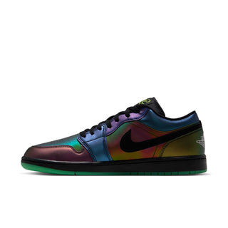 AJ 1 Low men's sneakers angled side view with black swoosh and green outsole
