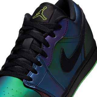 AJ 1 Low men's sneaker close-up of lace and tongue with green Jumpman logo