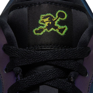 AJ 1 Low men's sneaker close-up of tongue with neon green Jumpman logo
