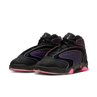 Pair of black Air Jordan high-top sneakers with purple panels and pink accents