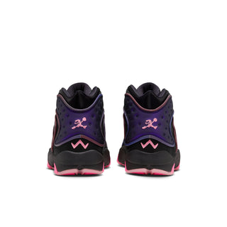 Rear view of Air Jordan high-top sneakers with purple heel panels and pink details