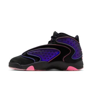 Side view of black Air Jordan sneaker with purple panels and pink outsole accents