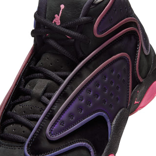 Close-up of sneaker's perforated purple side panel, black laces and pink logo