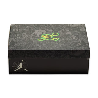 Mens sneaker box with dark patterned lid and neon green logo