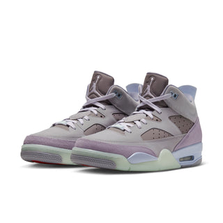 Men's low-top sneakers, light gray with purple overlays, lace-up, side air unit visible.