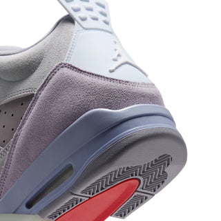 Men's sneaker heel detail with lilac sock lining, translucent edge, and patterned tread.