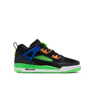 Youth low-top sneakers in black with blue and green accents, orange lace details