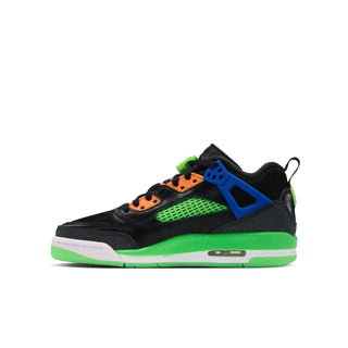 Youth low-top sneakers side view, black with blue strap, green mesh, and orange laces