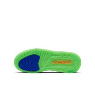 Shoe outsole for youth low-top sneakers in neon green and dark blue with Jordan logo