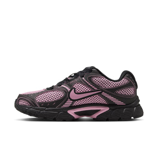 Pink, black, and silver-toned Nike lace-up running shoe with side swoosh