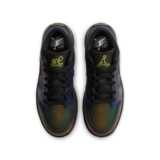 Youth AJ 1 Low SE sneakers, black laces with neon-style icons on the tongue