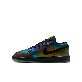 Youth AJ 1 Low SE sneakers with purple toe overlay and black Nike-style swoosh